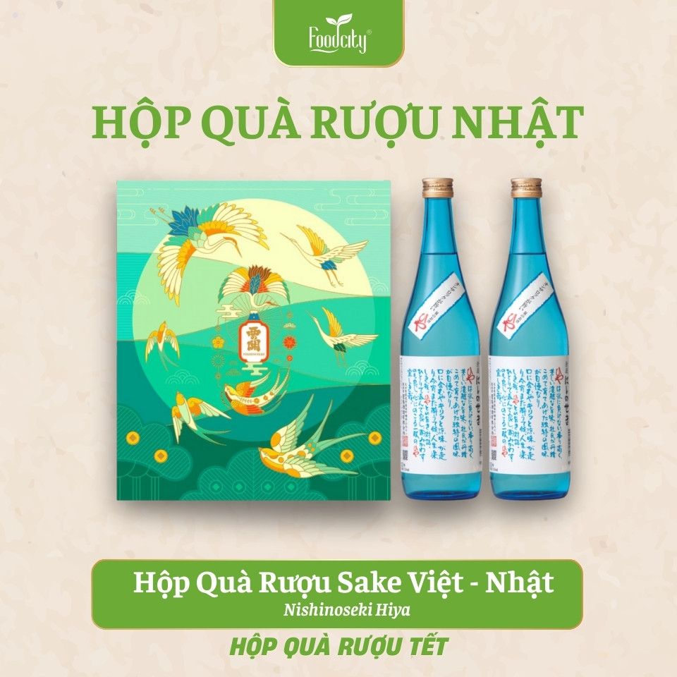 Hộp quà họa tiết con hạc xanh rượu sake Nishi no Seki Hiya 720ml